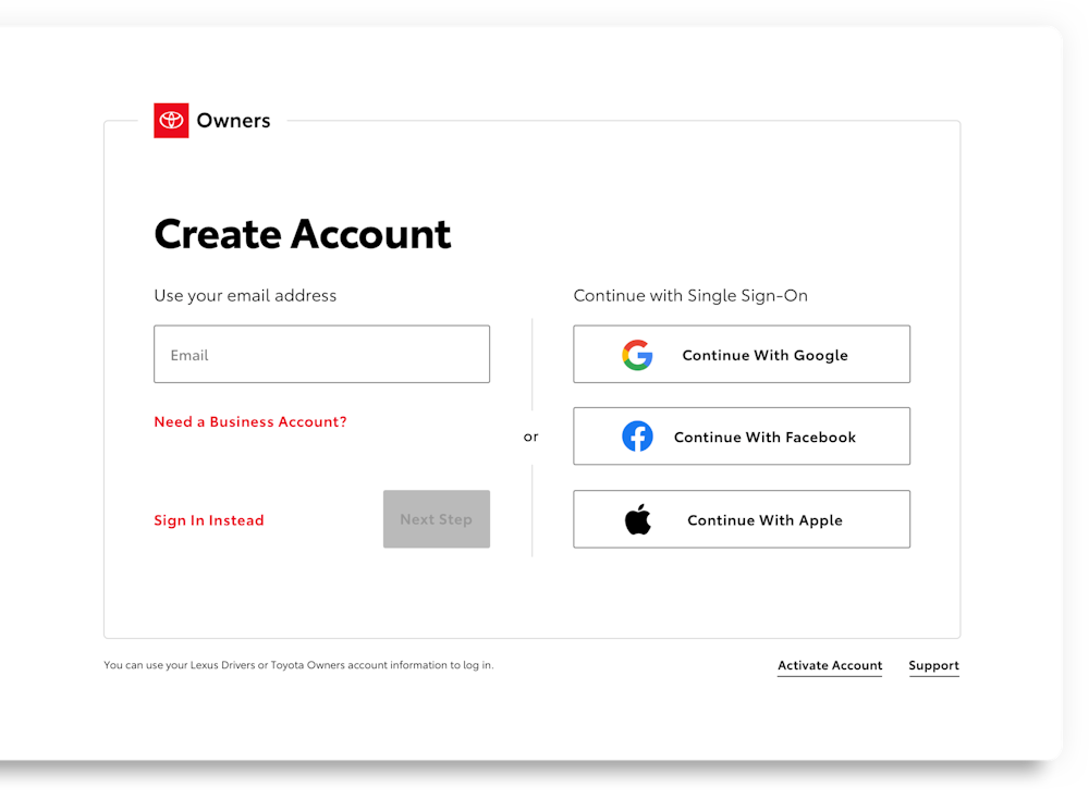 Toyota VIS Design System Create Account Screen